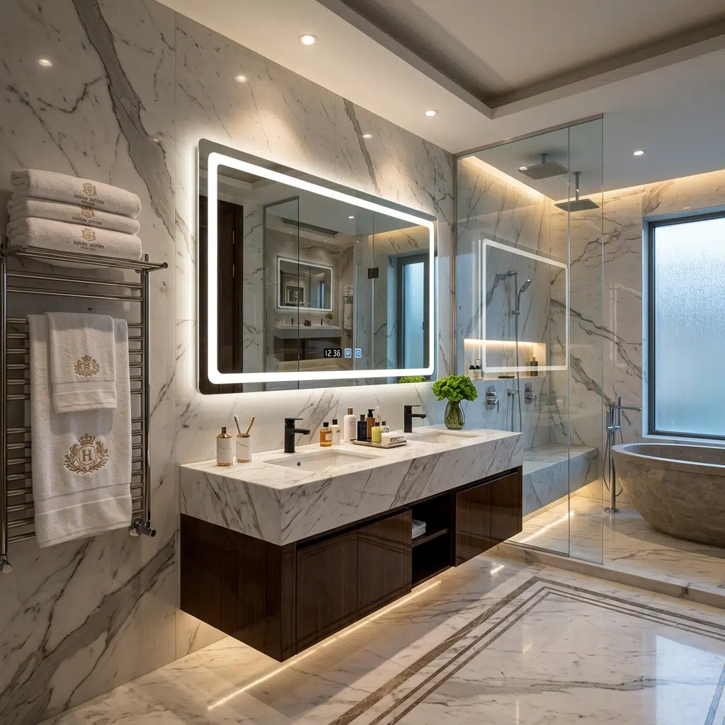 Modern Rectangular LED Bathroom Mirror with Digital Clock Display 2