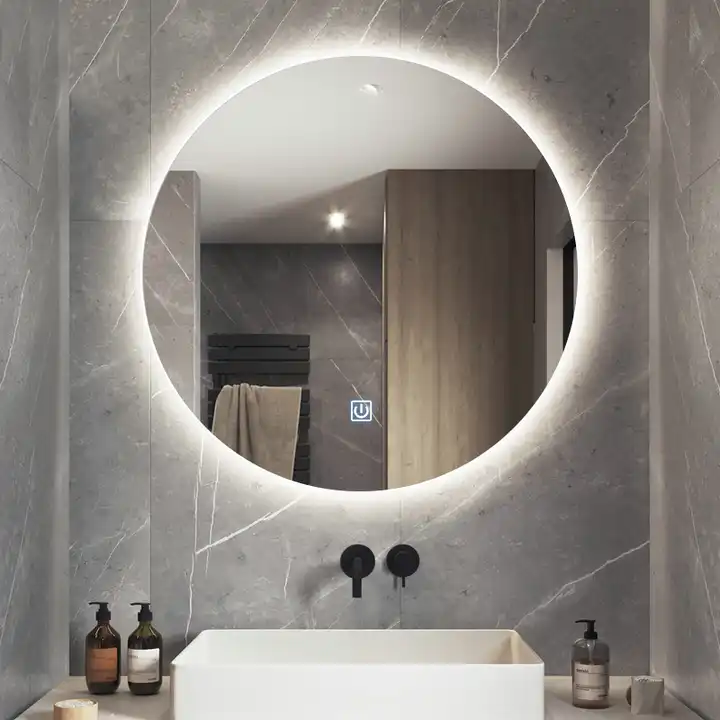 Round LED Mirror Cabinet – Grey Steel Storage