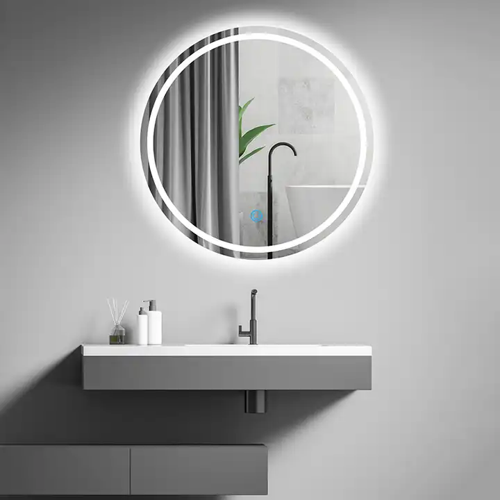 Round LED Mirror Cabinet – Grey Steel Storage