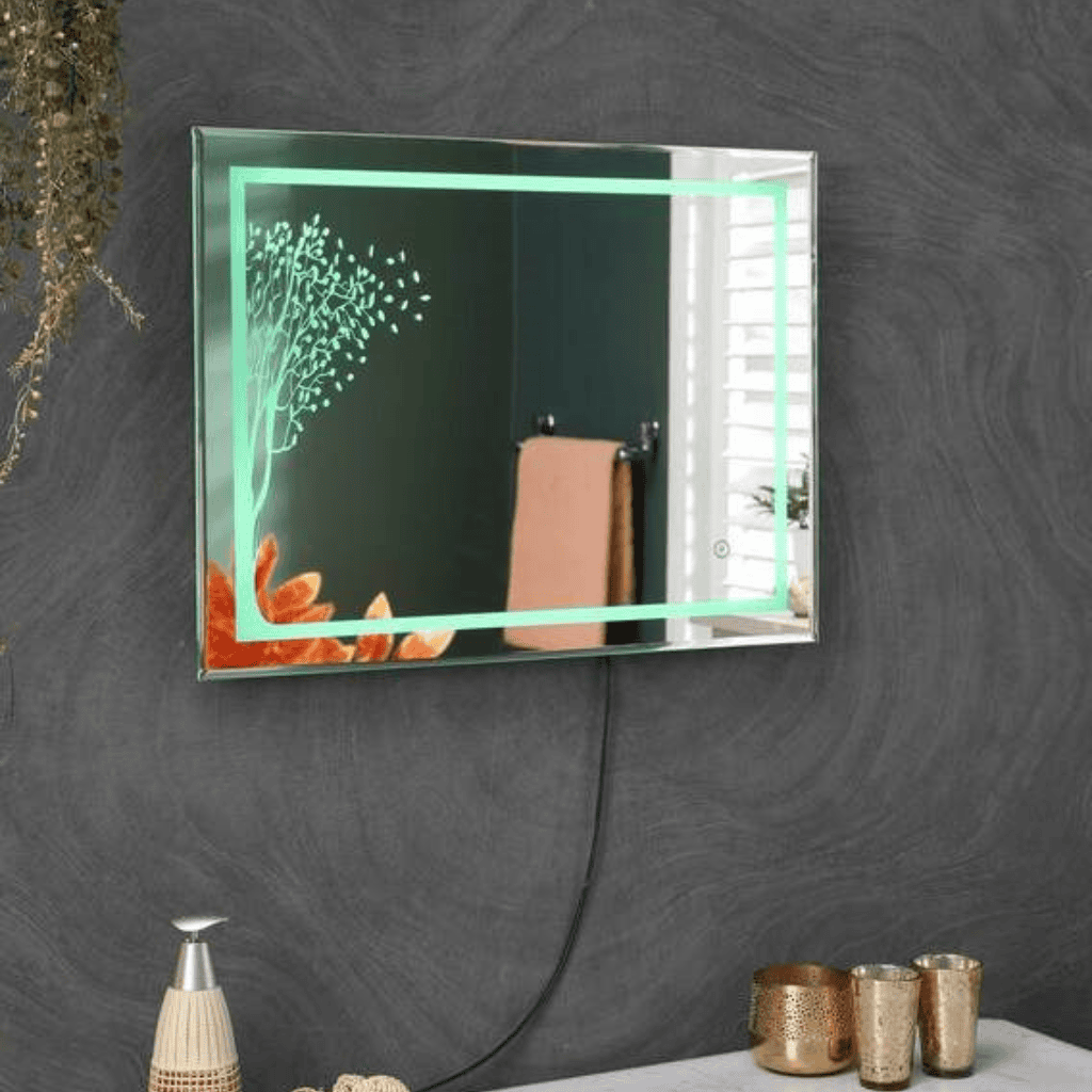 Large Rectangular LED Mirror with Digital Display and Ambient Lighting