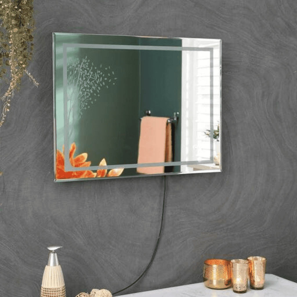 Large Rectangular LED Mirror with Digital Display and Ambient Lighting