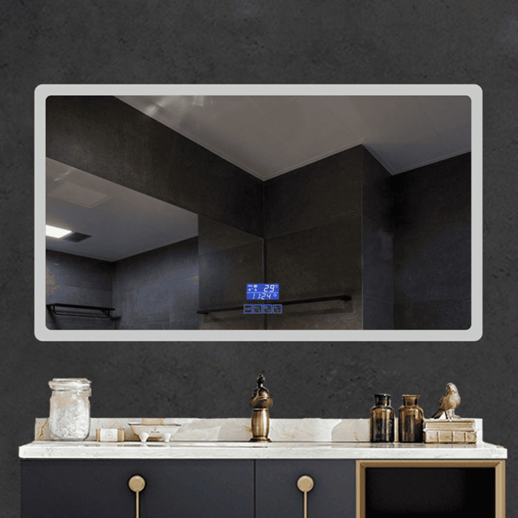 Large Rectangular LED Mirror with Digital Display and Ambient Lighting