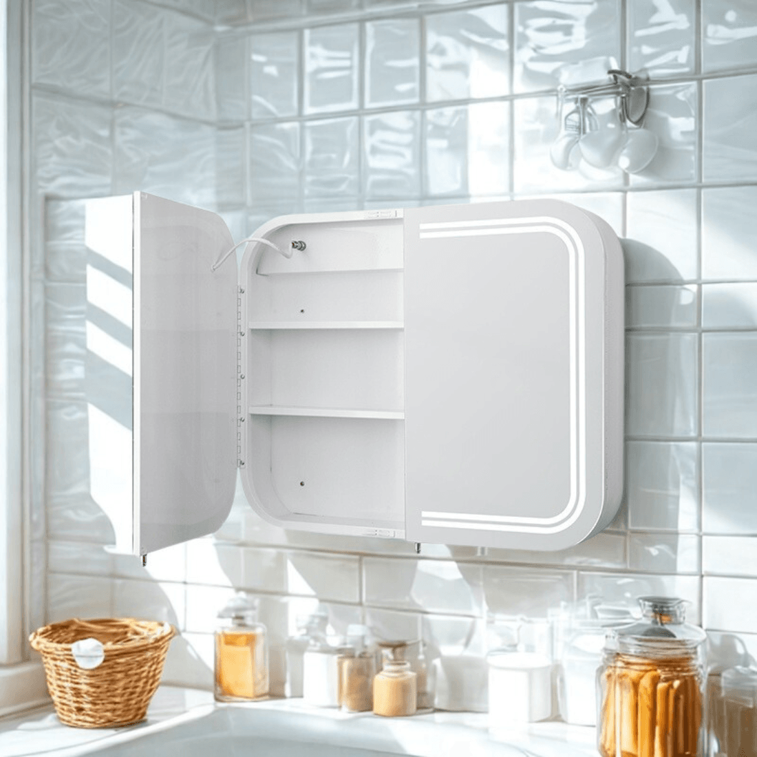 LED Mirror Cabinet – Designer Steel Wall Mounted Bathroom Cabinet with LED Mirror