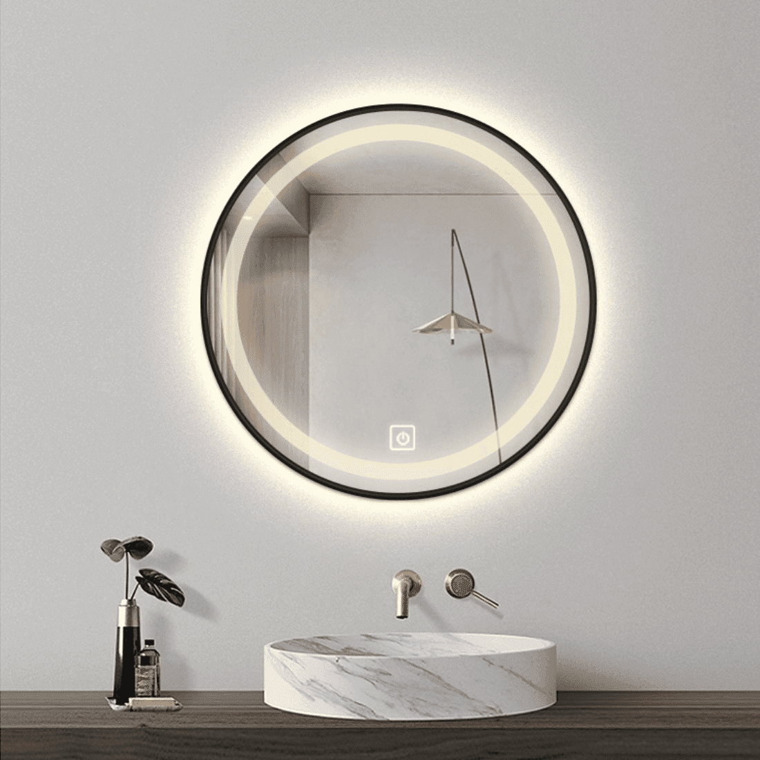 Modern Bathroom with Round LED Mirror & Gold Frame Elegance
