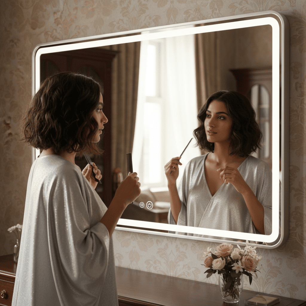 Luxury Bedroom Interior with Elegant Oval LED Mirror & Marble Vanity