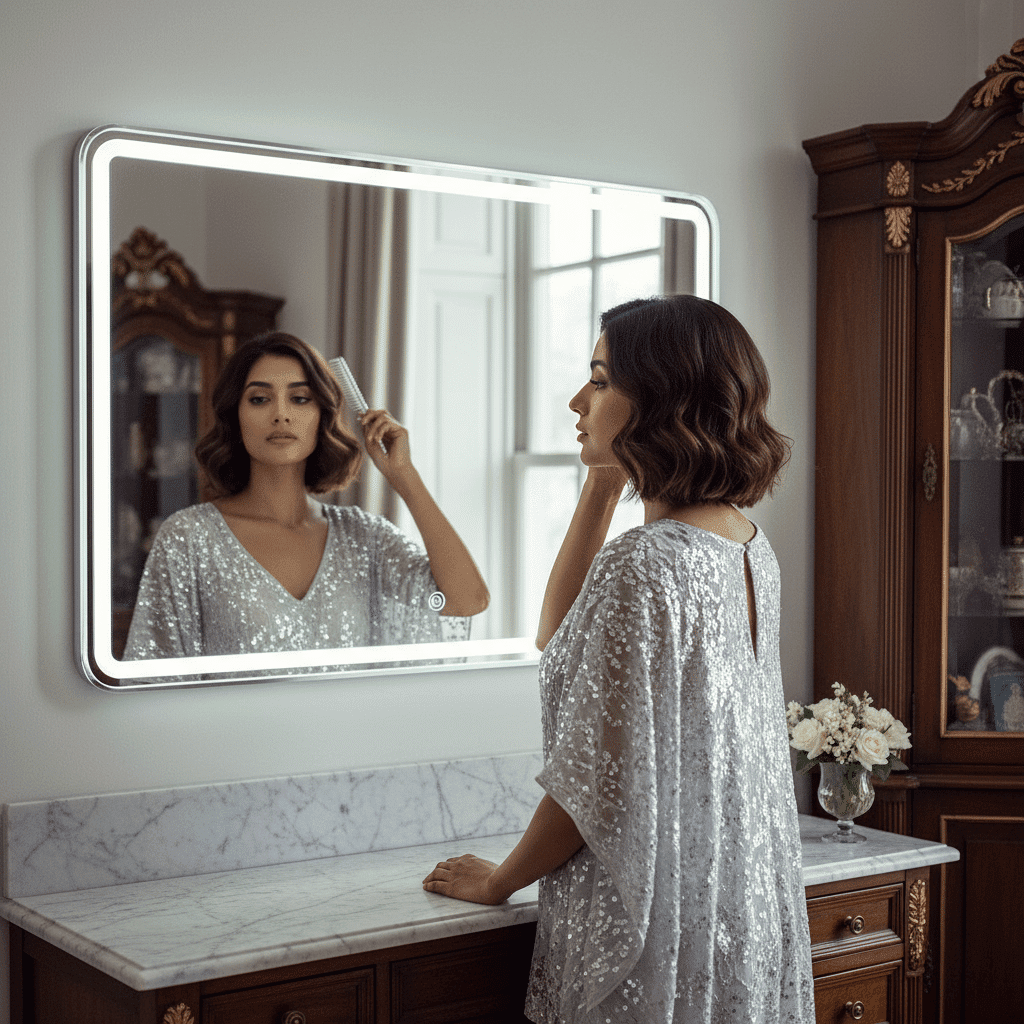 Luxury Bedroom Interior with Elegant Oval LED Mirror & Marble Vanity