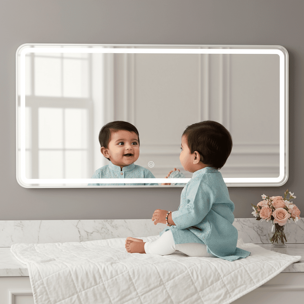 Luxury Bedroom Interior with Elegant Oval LED Mirror & Marble Vanity