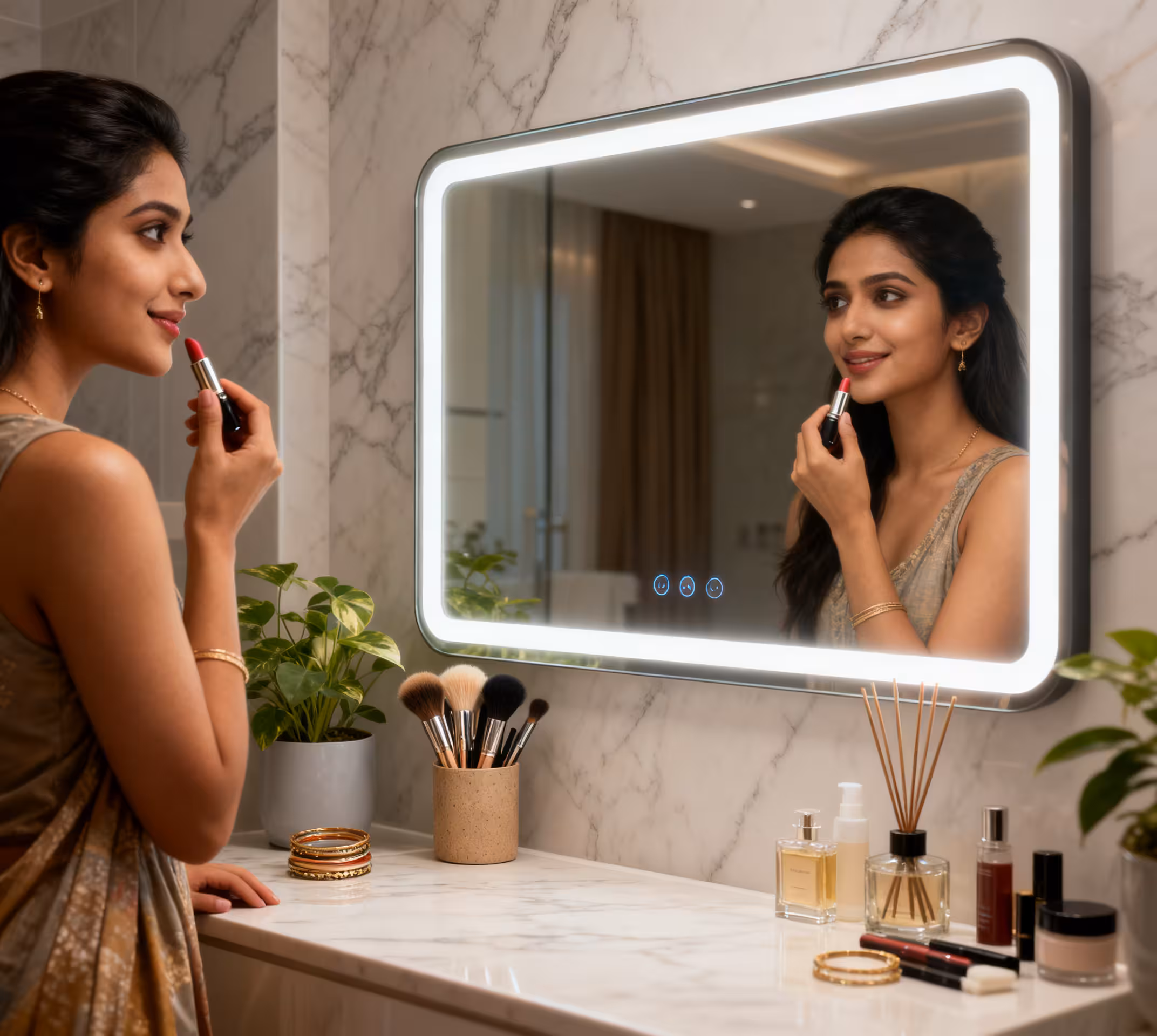 Modern Rectangular LED Mirror – Black Stainless Steel Frame with Shelving