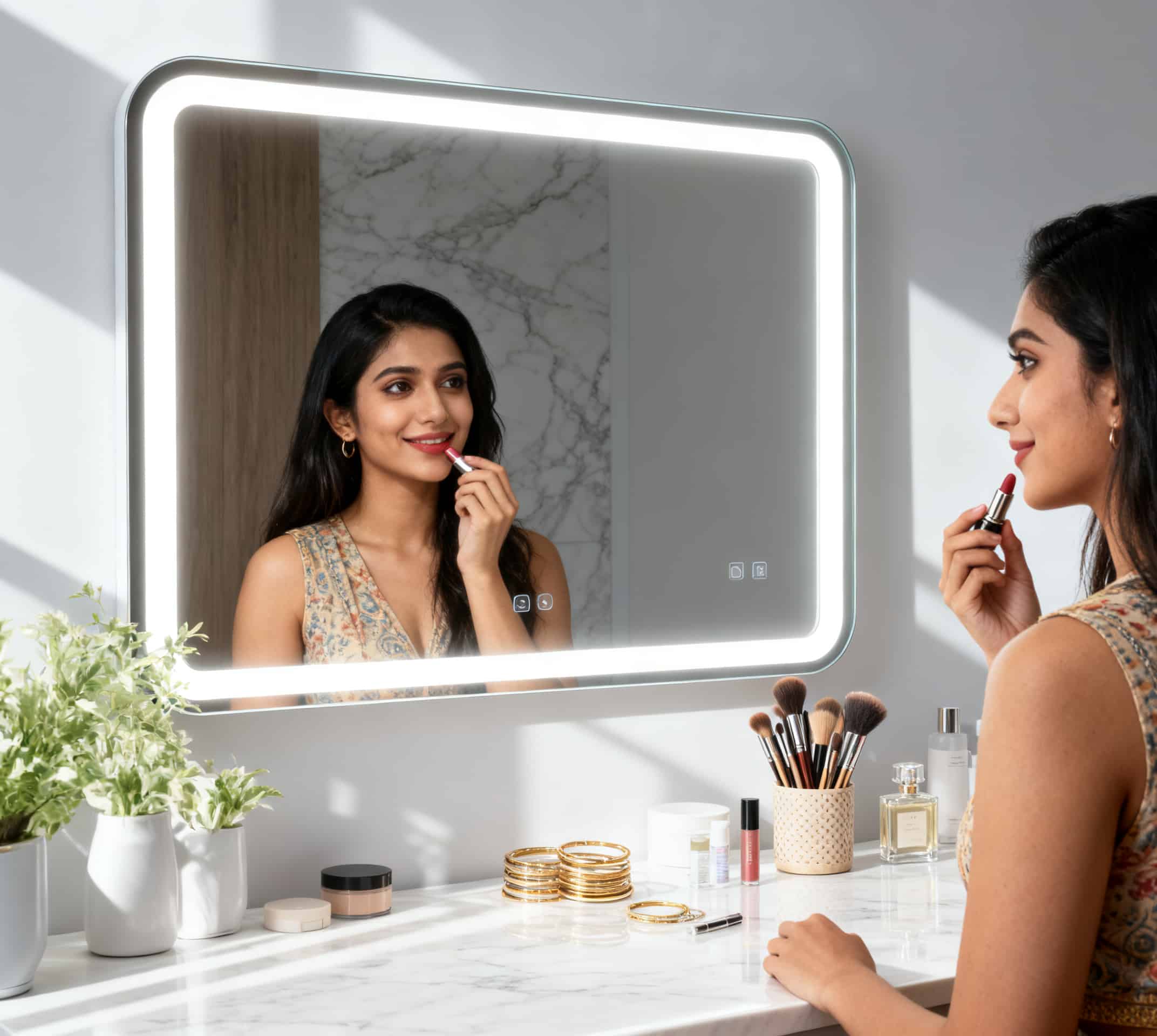 Modern Rectangular LED Mirror – Black Stainless Steel Frame with Shelving