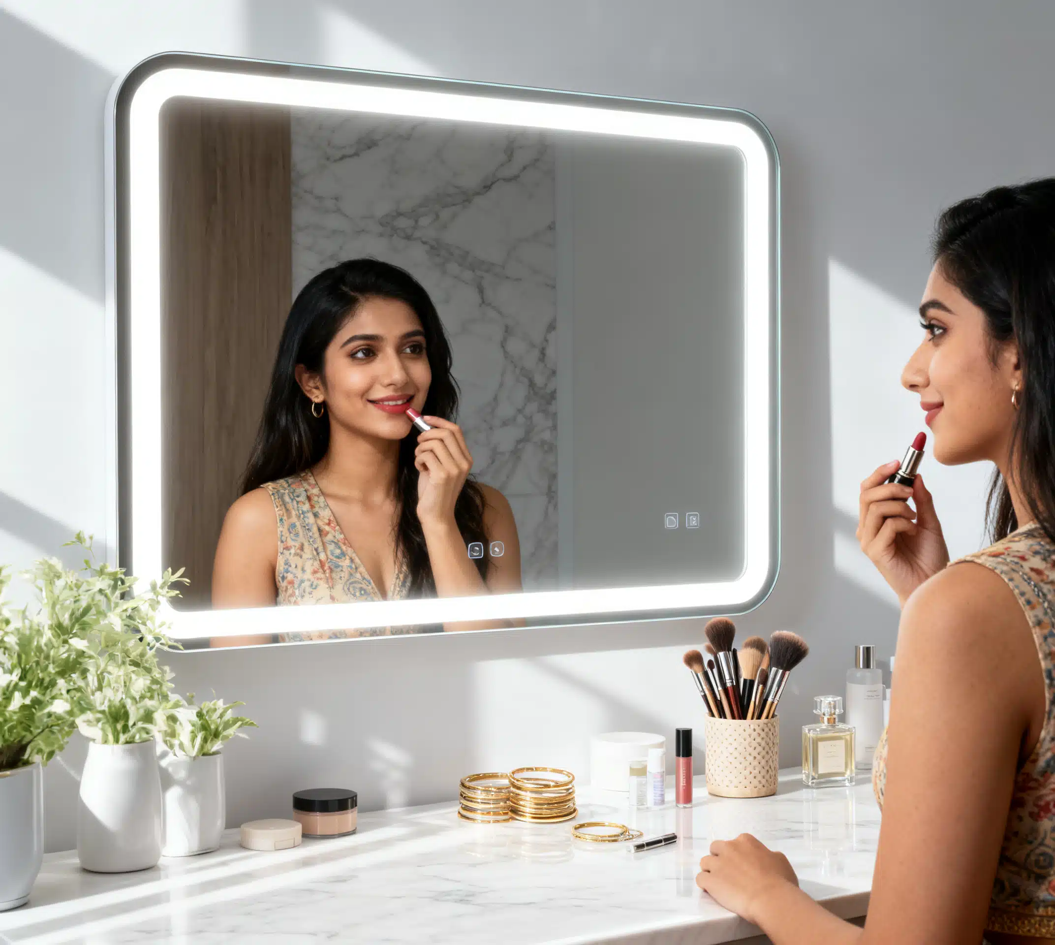Modern Rectangular LED Mirror – Black Stainless Steel Frame with Shelving