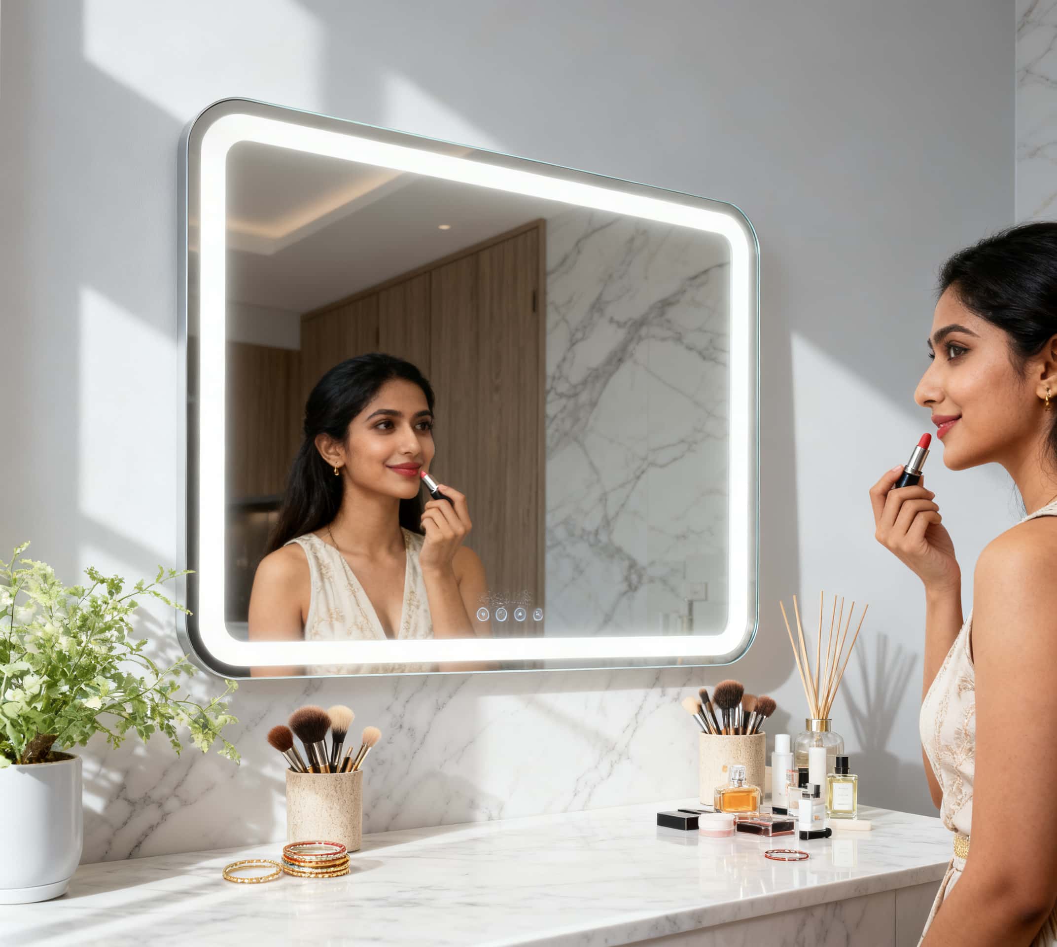  Smart LED Bathroom Mirror boasts a minimalist rectangular design that fits perfectly in any modern bathroom.