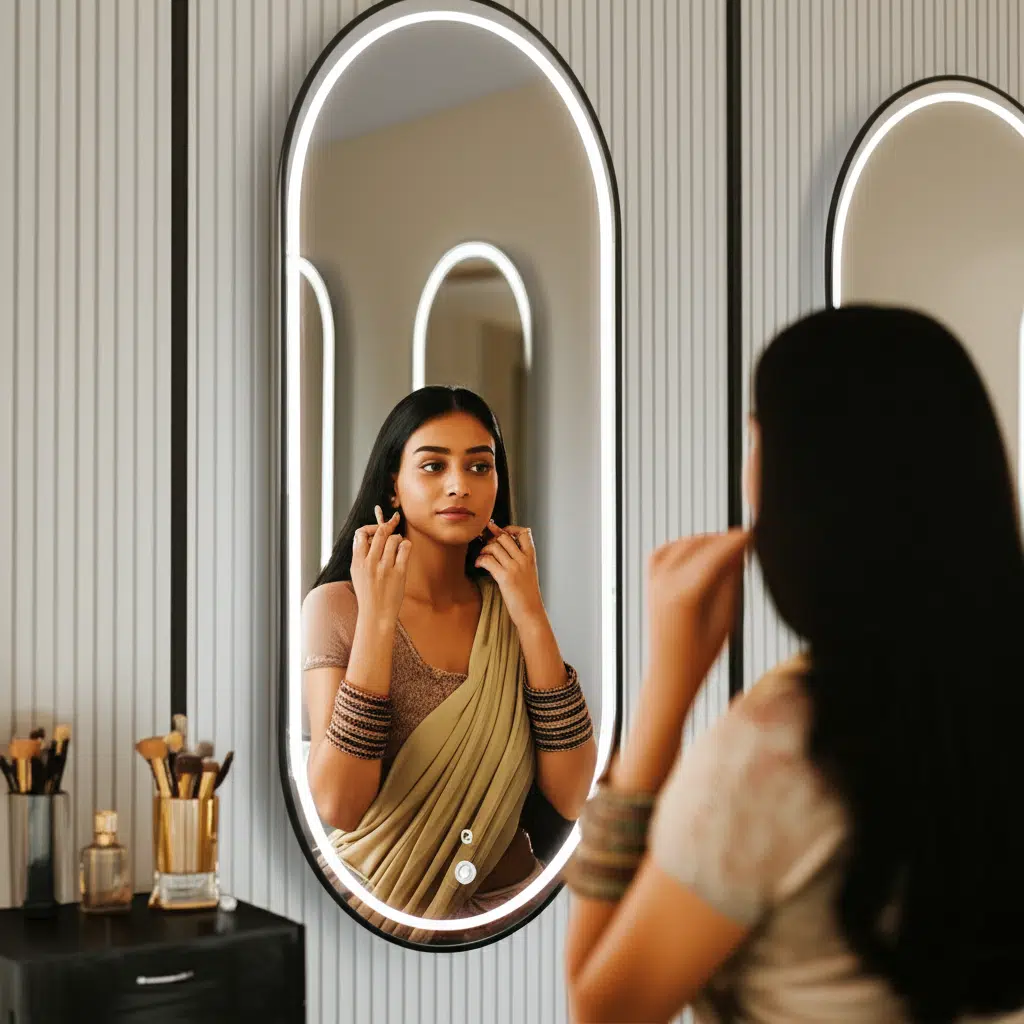 Oval LED Mirror with Gold Aluminium Frame – Luxury Vanity Mirrors for Salons and Living Rooms