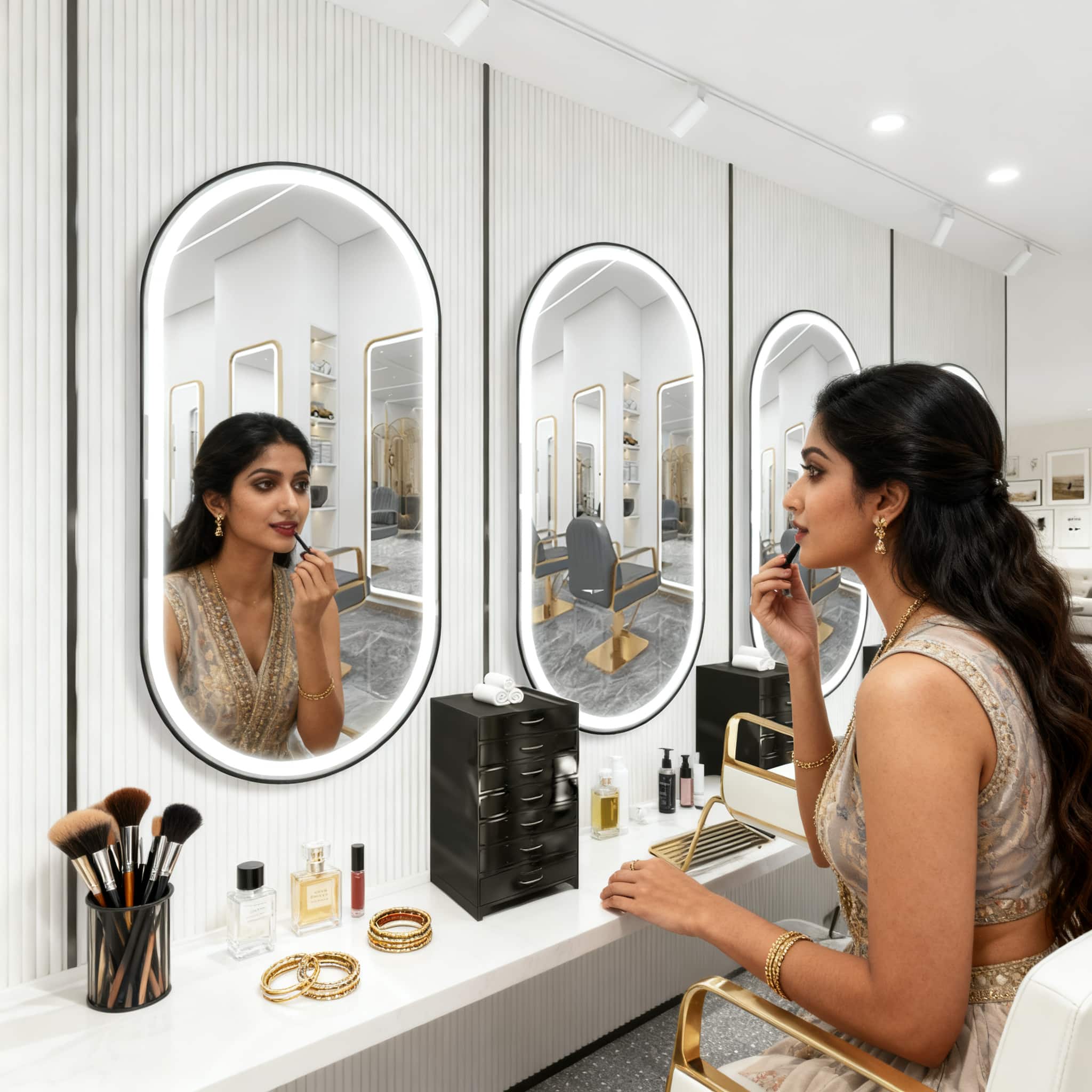 Oval LED Mirror with Gold Aluminium Frame – Luxury Vanity Mirrors for Salons and Living Rooms