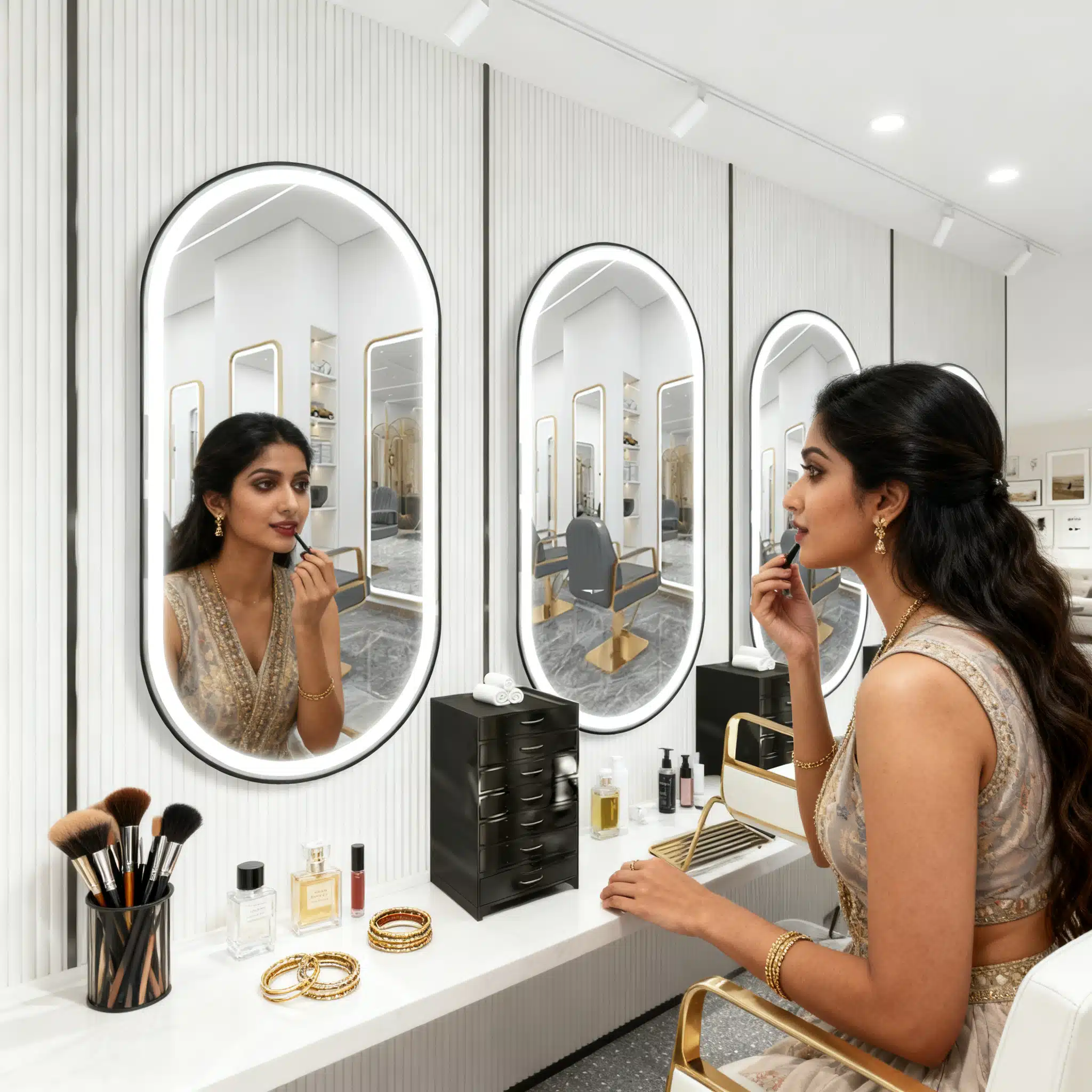 Oval LED Mirror with Gold Aluminium Frame – Luxury Vanity Mirrors for Salons and Living Rooms