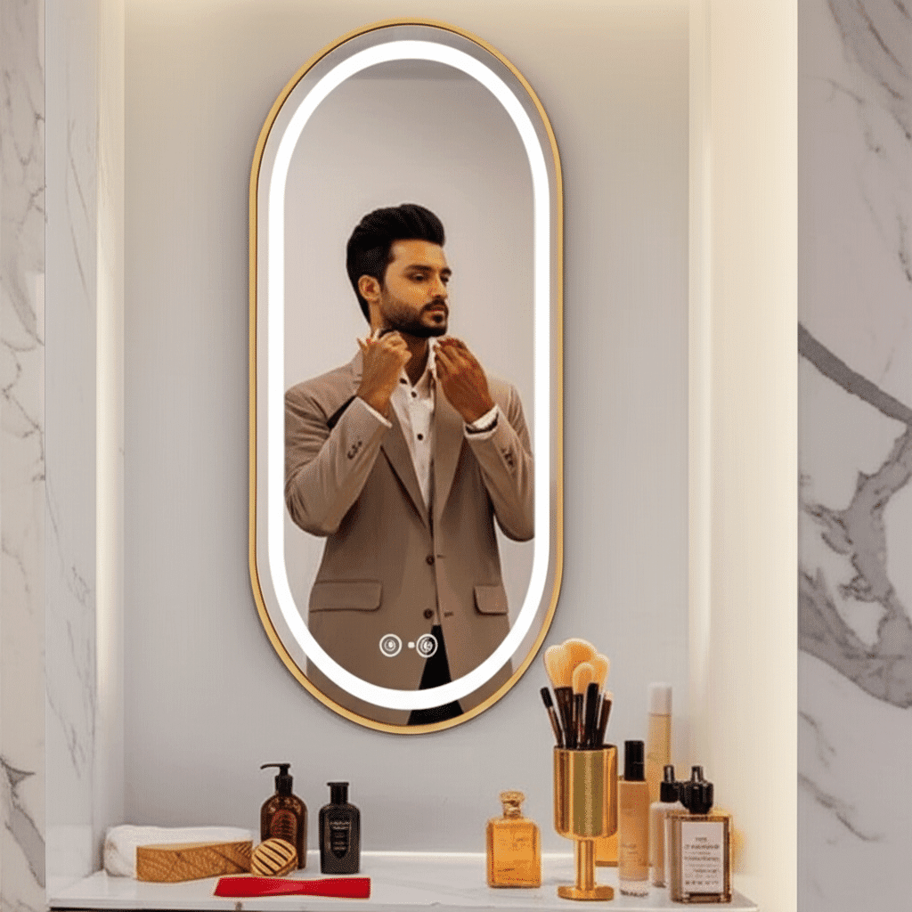 Luxury Bedroom Interior with Elegant Oval LED Mirror & Marble Vanity