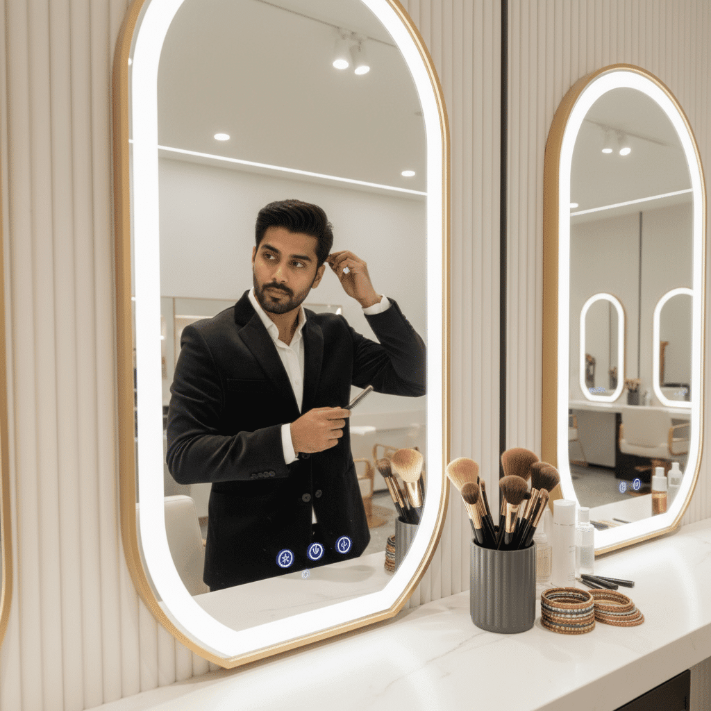 Luxury Bedroom Interior with Elegant Oval LED Mirror & Marble Vanity