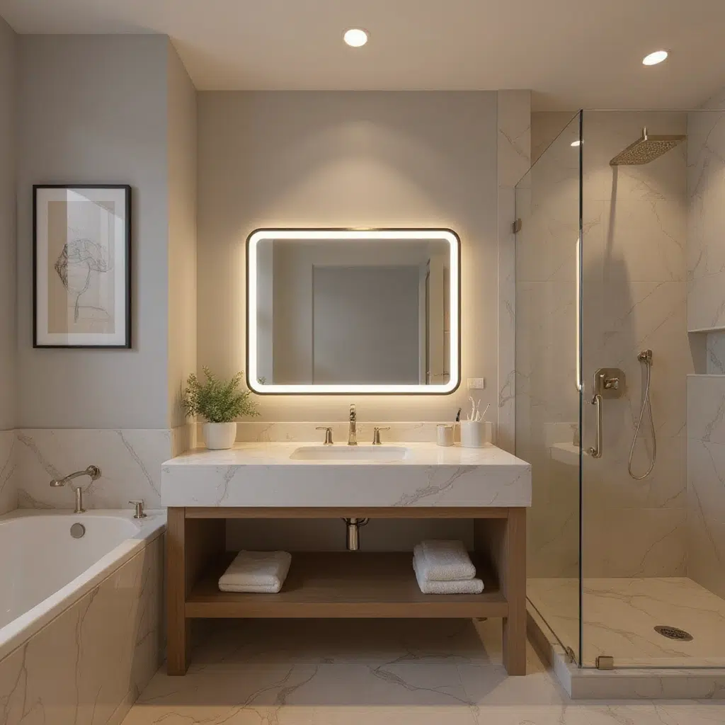 Modern Rectangular LED Mirror – Black Stainless Steel Frame with Shelving