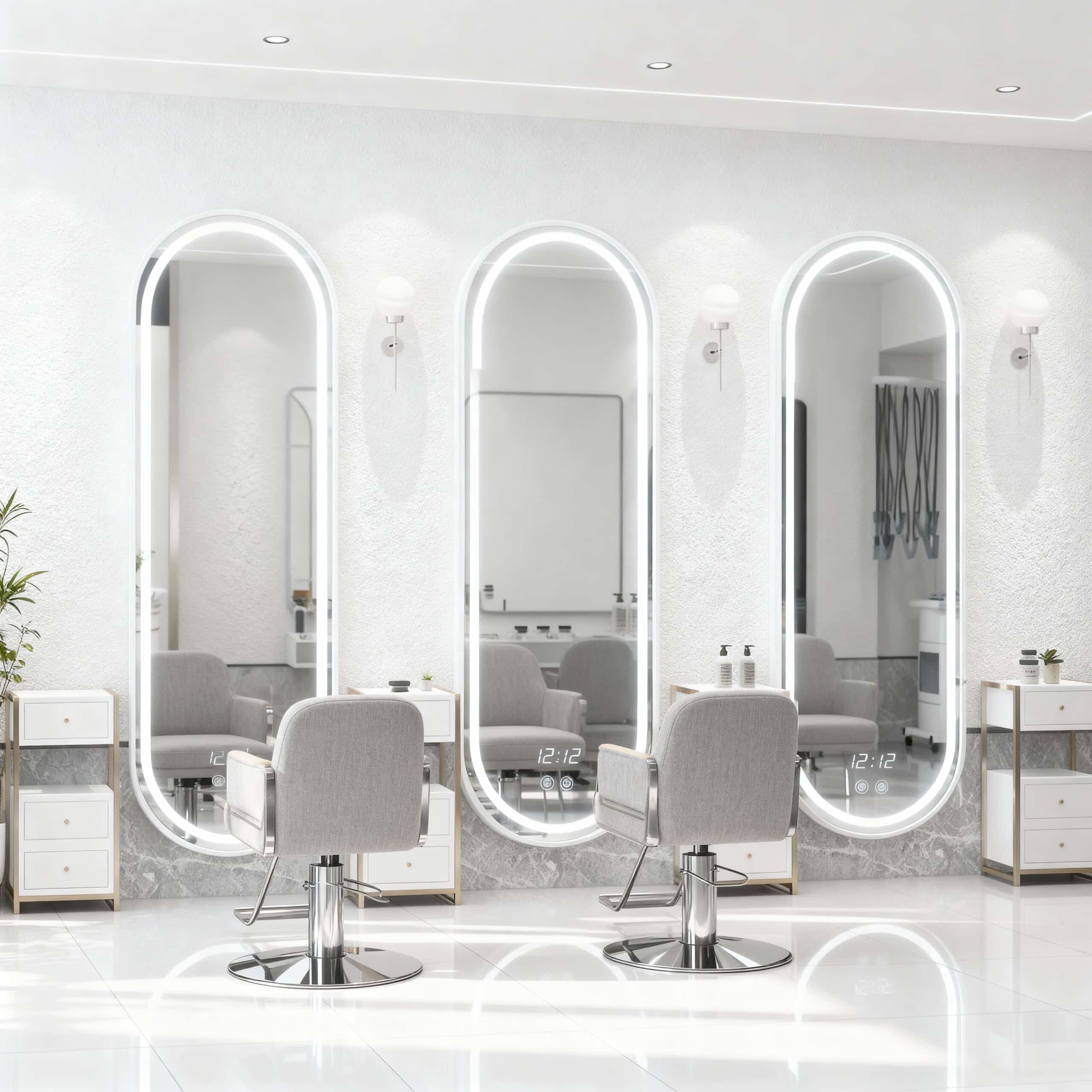 Luxury Bedroom Interior with Elegant Oval LED Mirror & Marble Vanity