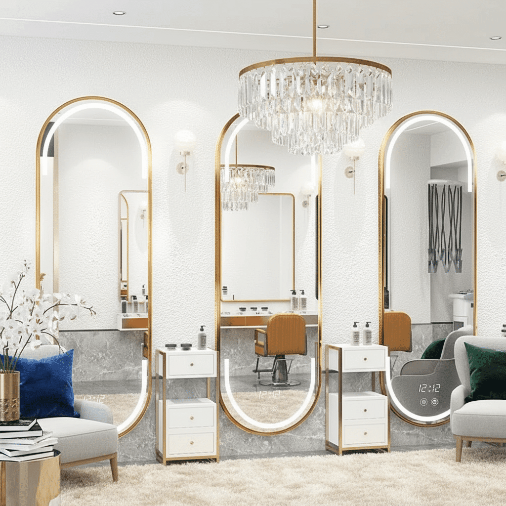 Luxury Bedroom Interior with Elegant Oval LED Mirror & Marble Vanity