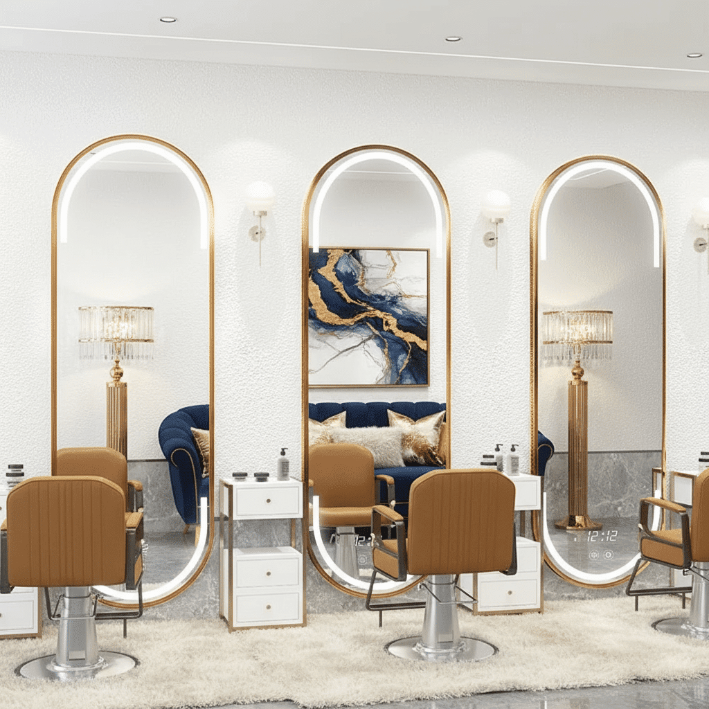 Luxury Bedroom Interior with Elegant Oval LED Mirror & Marble Vanity