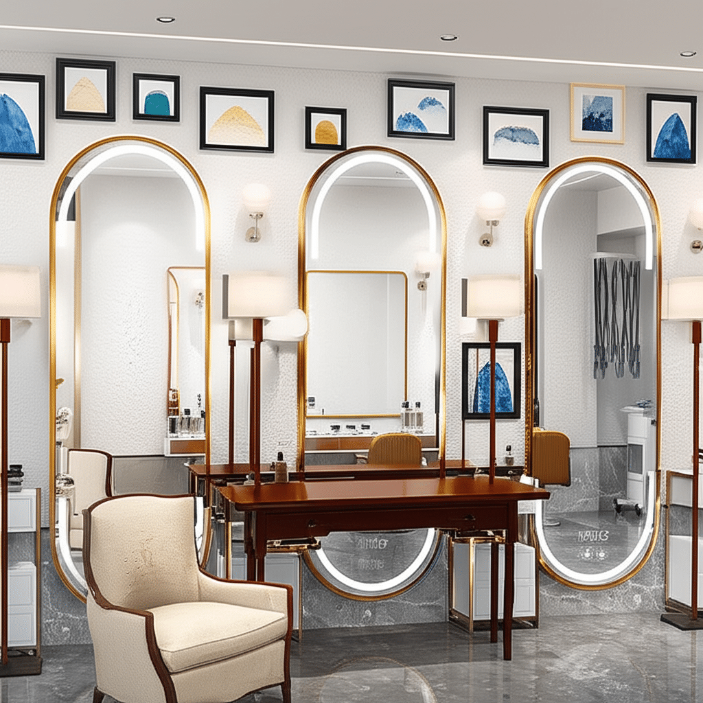 Luxury Bedroom Interior with Elegant Oval LED Mirror & Marble Vanity