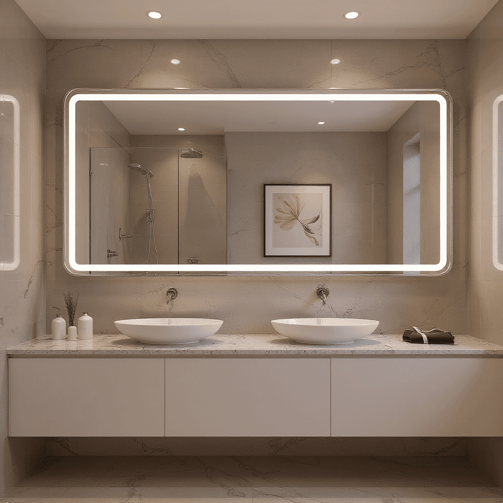 Luxury Bedroom Interior with Elegant Oval LED Mirror & Marble Vanity