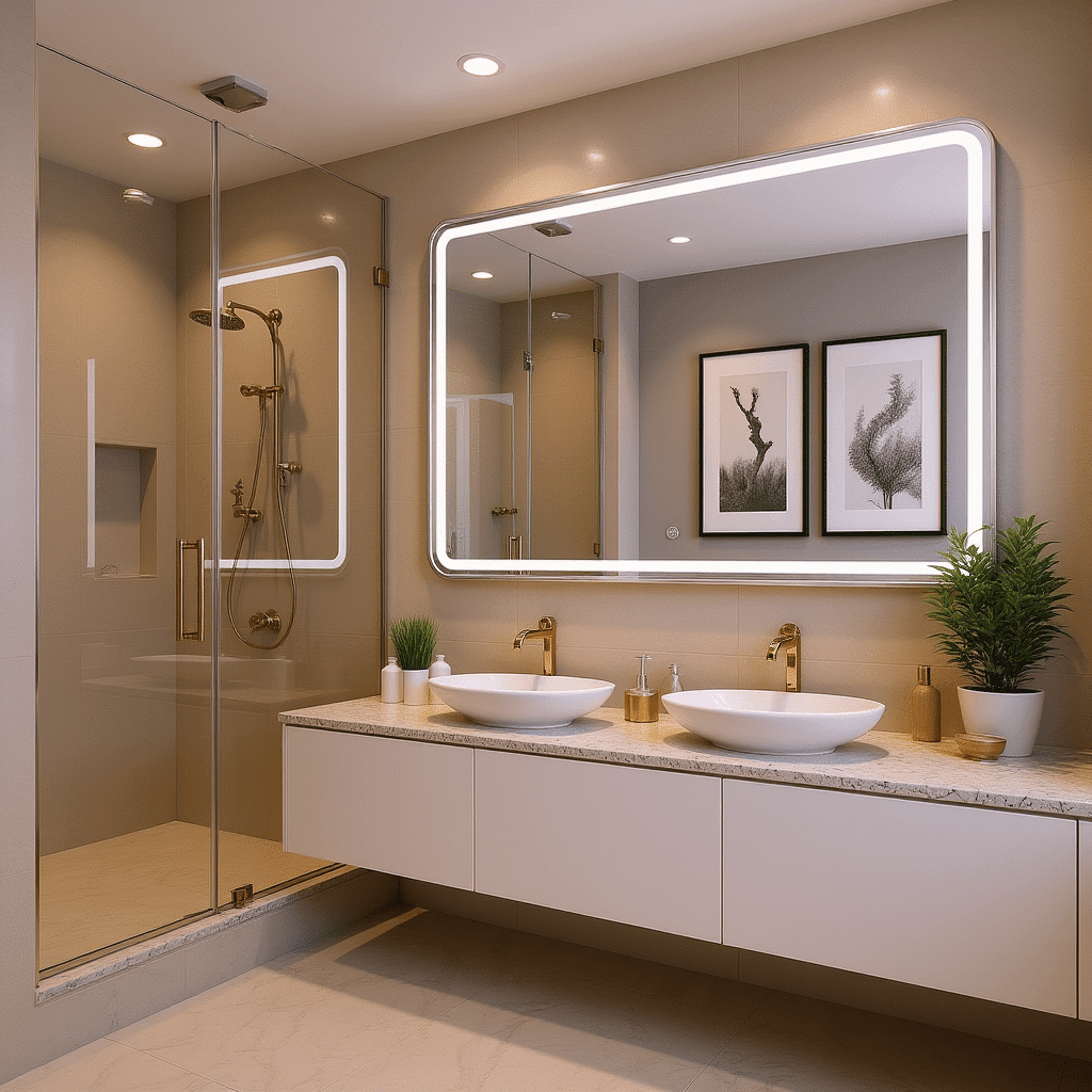 Luxury Bedroom Interior with Elegant Oval LED Mirror & Marble Vanity
