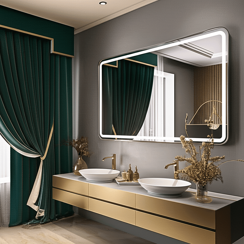 Luxury Bedroom Interior with Elegant Oval LED Mirror & Marble Vanity