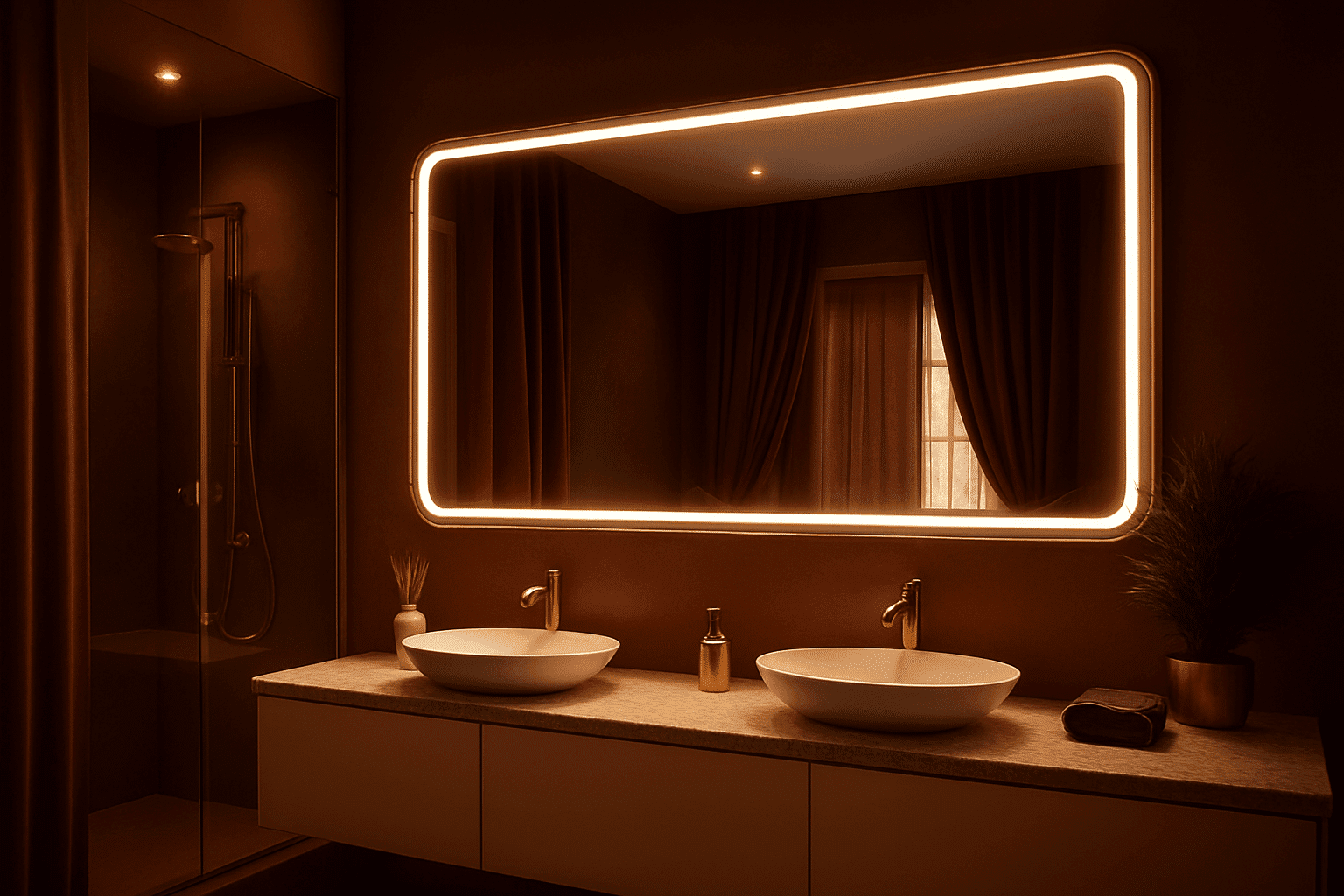 Luxury Bedroom Interior with Elegant Oval LED Mirror & Marble Vanity