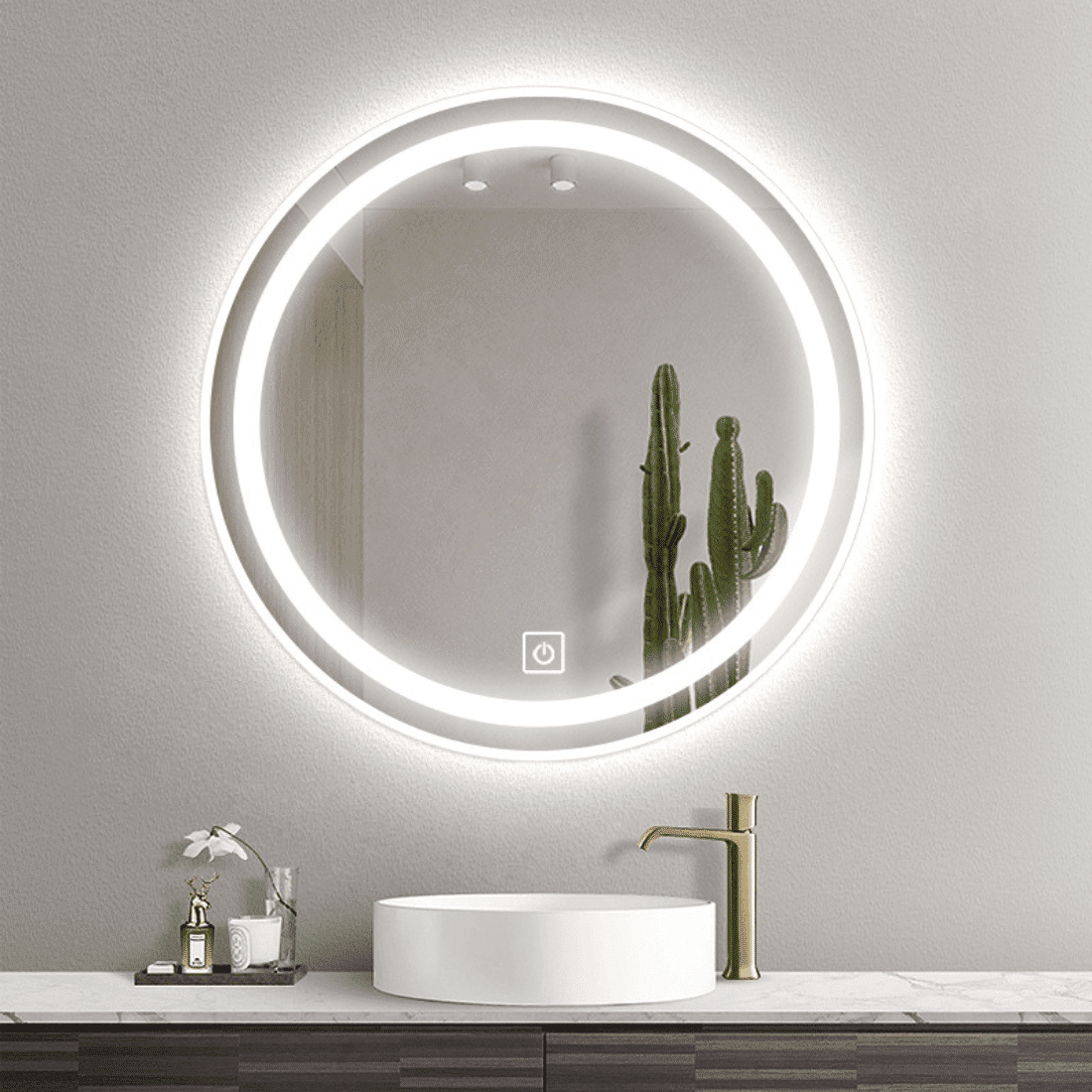 Round LED Mirror Cabinet – Grey Steel Storage