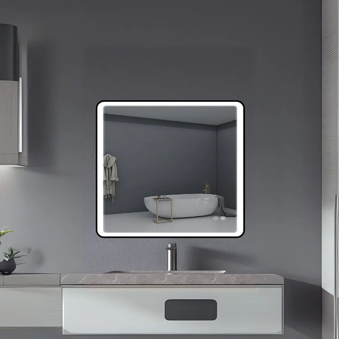 Modern Square Wall LED Mirror with Anodized Aluminum Frame – Gold, Rose Gold, Matte Black, Brushed Silver