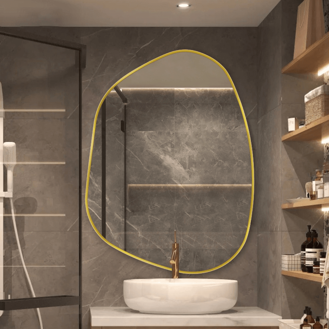 Luxury Organic Shape Wall Mirror with Gold Metal Frame