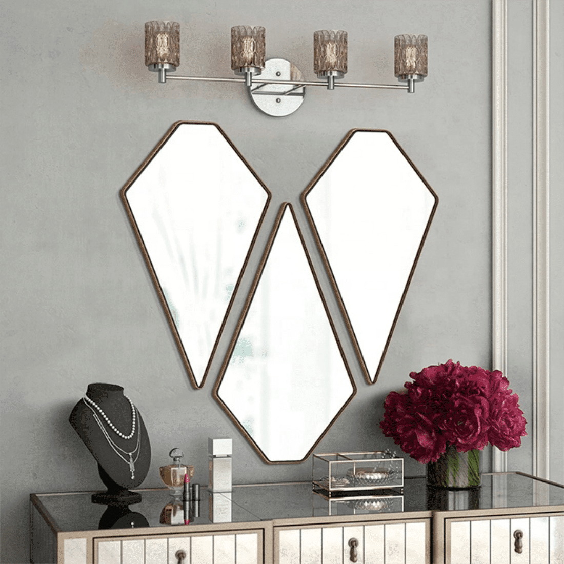 Geometric Diamond Wall Mirror Set – Anodized Aluminum Frame