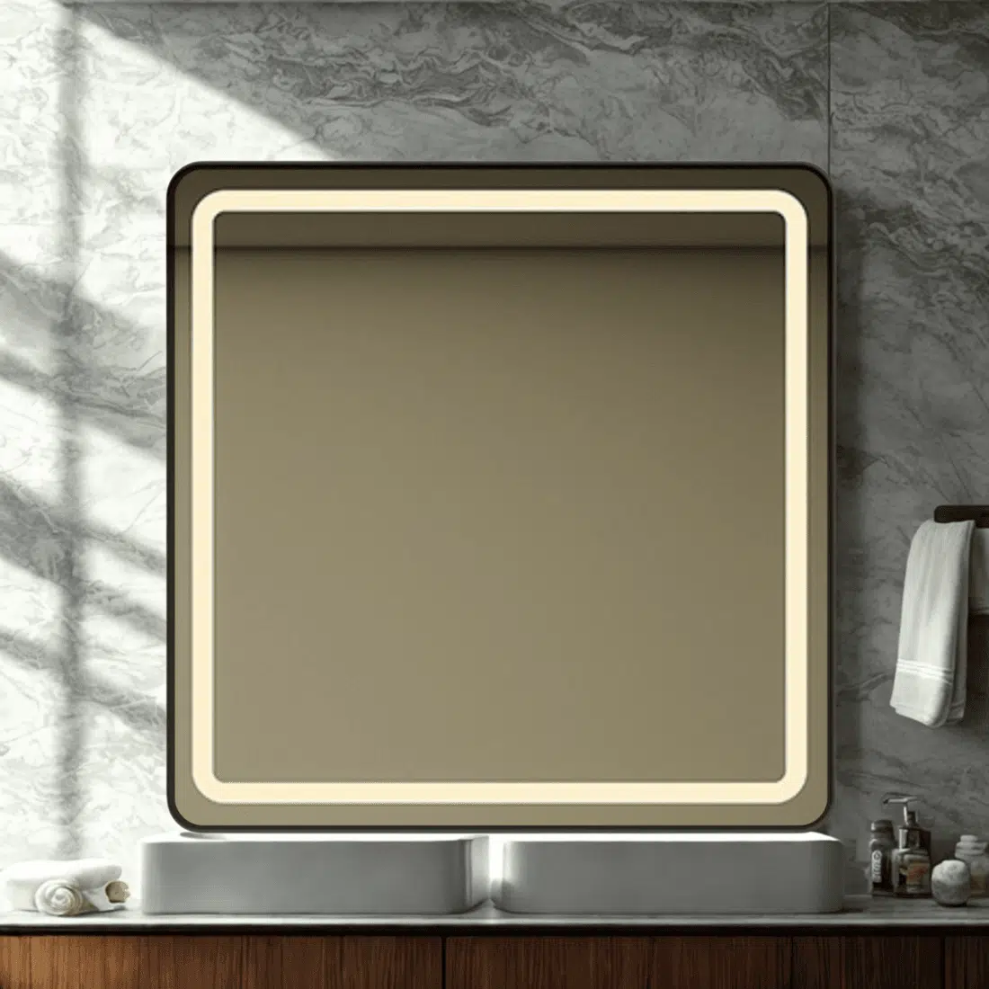 Modern Square Wall LED Mirror with Anodized Aluminum Frame – Gold, Rose Gold, Matte Black, Brushed Silver