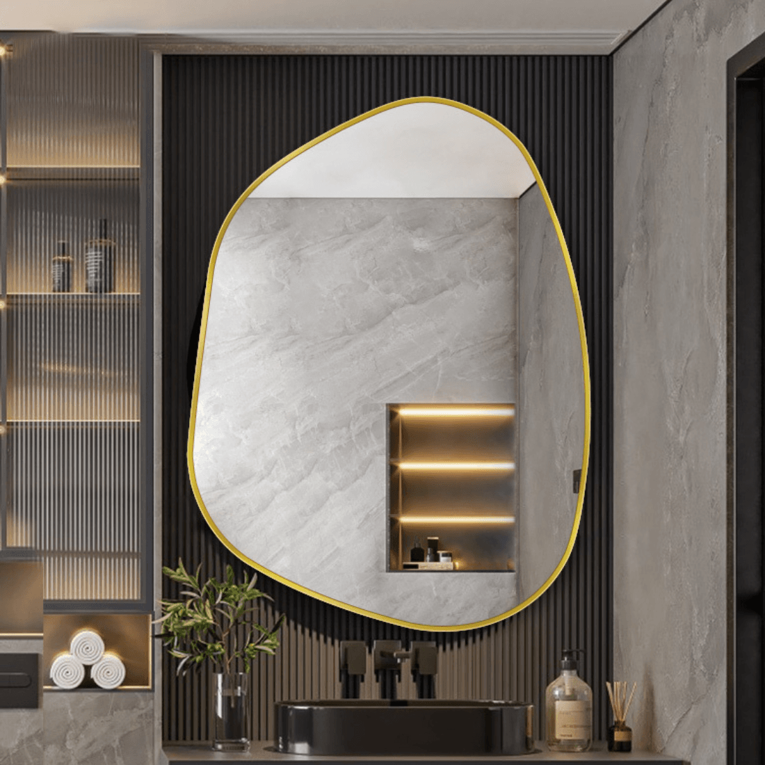 Luxury Organic Shape Wall Mirror with Gold Metal Frame