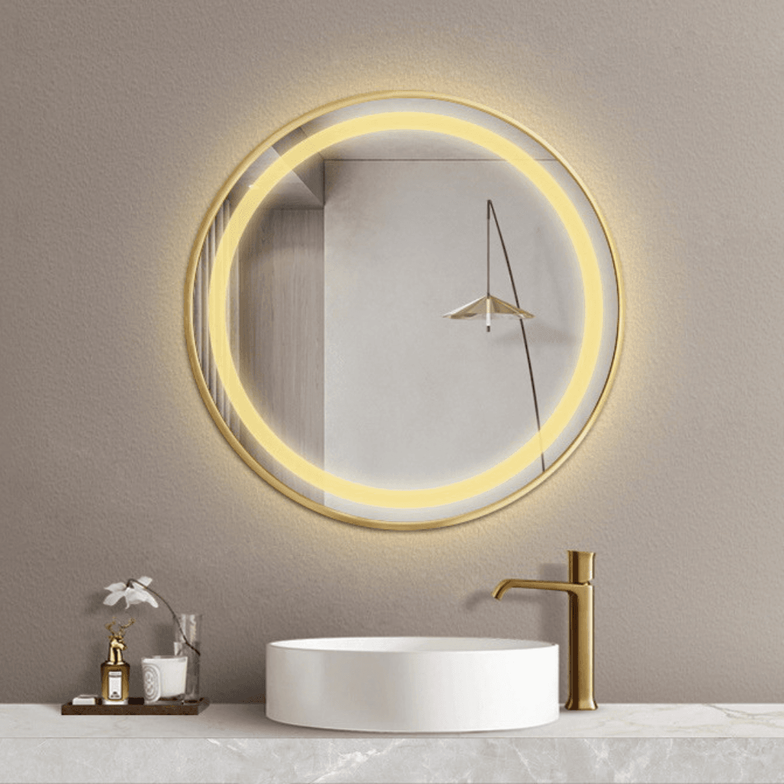 Modern Bathroom with Round LED Mirror & Gold Frame Elegance