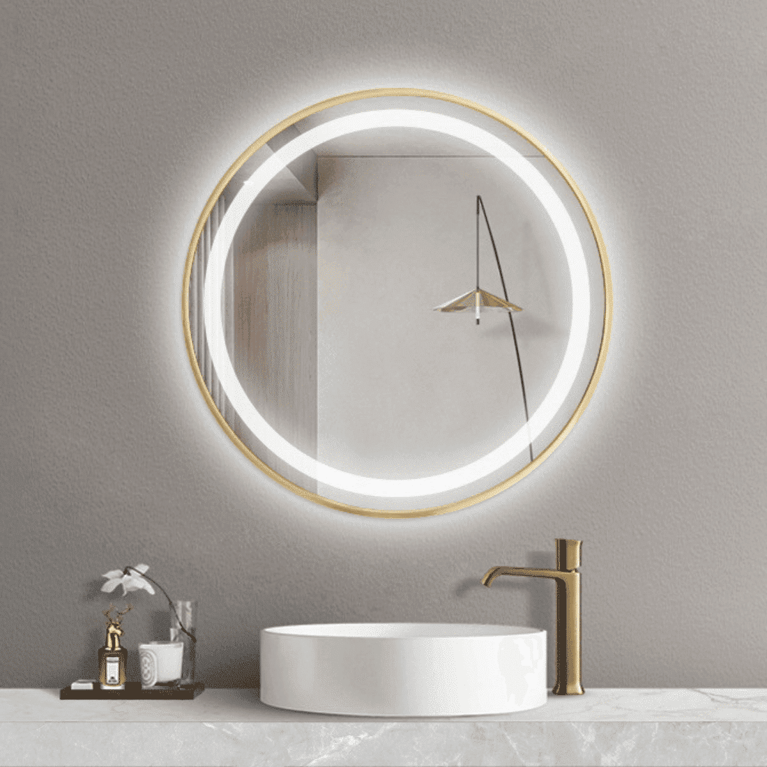 Modern Bathroom with Round LED Mirror & Gold Frame Elegance