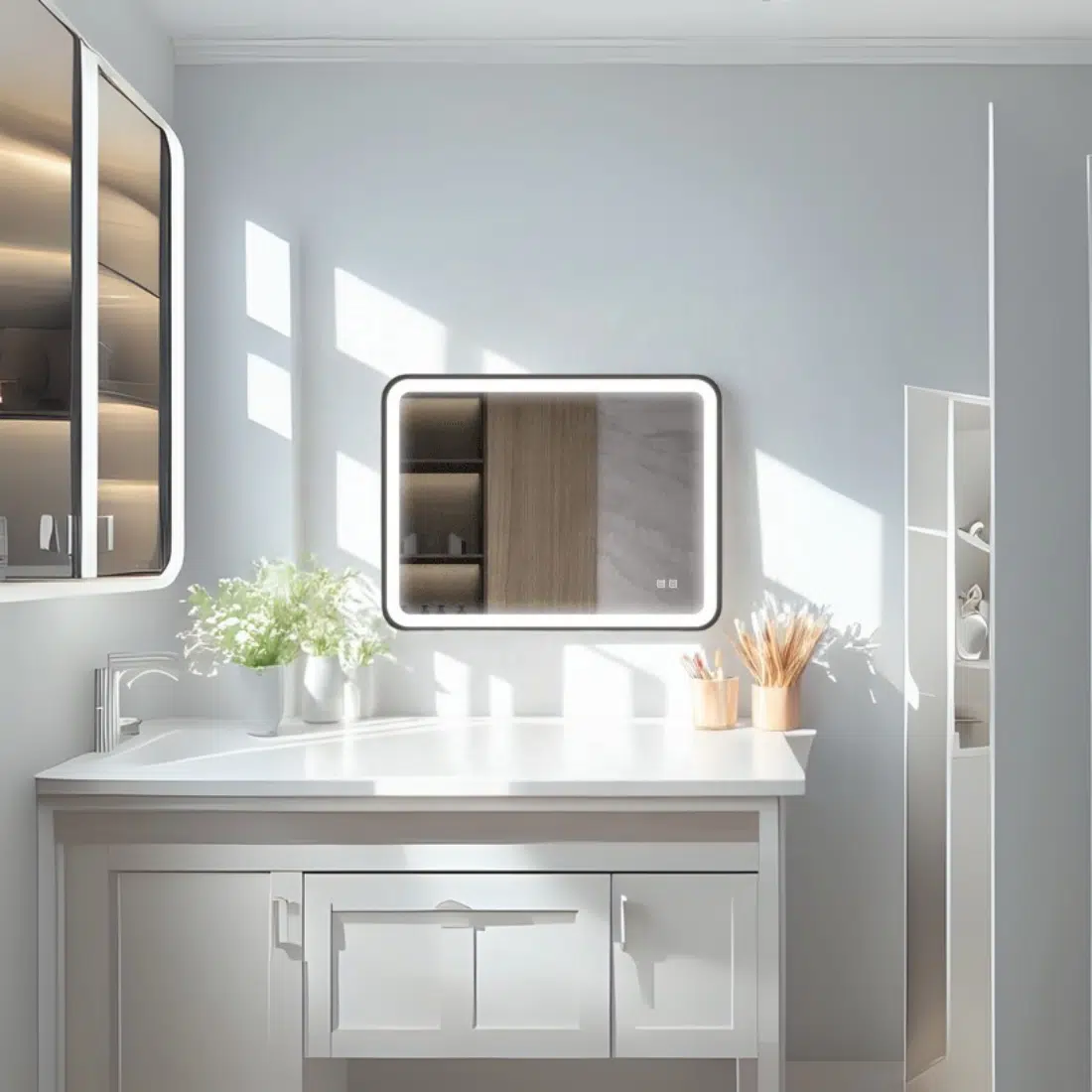 Modern Rectangular LED Mirror – Black Stainless Steel Frame with Shelving