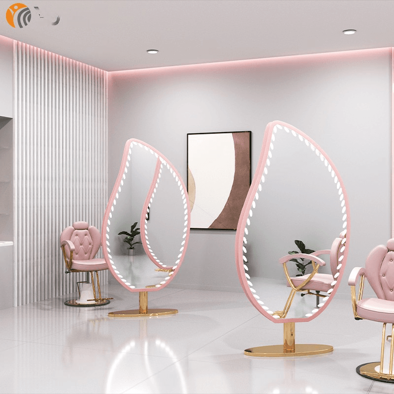 Leaf-Shaped LED Salon Mirror Station – Gold Trim | Luxury Styling Mirror