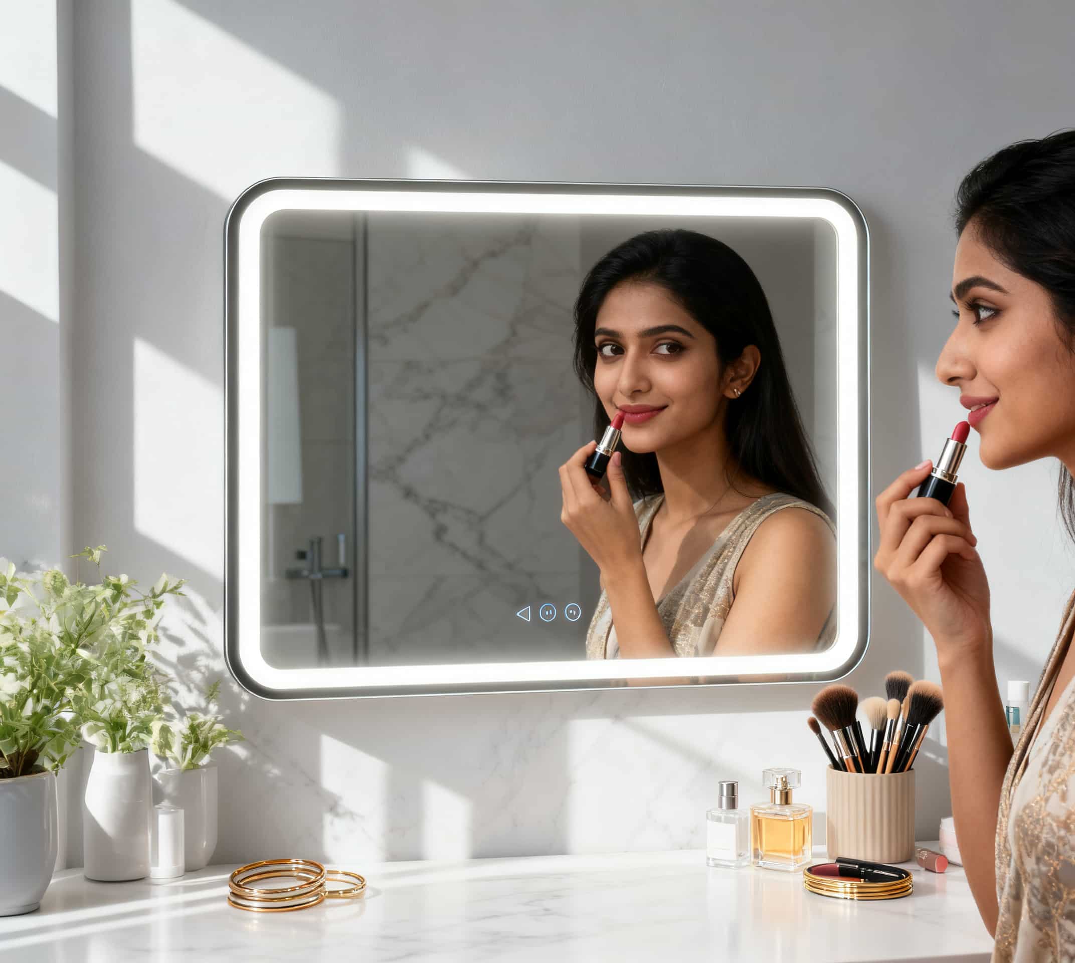 Modern Rectangular LED Mirror – Black Stainless Steel Frame with Shelving