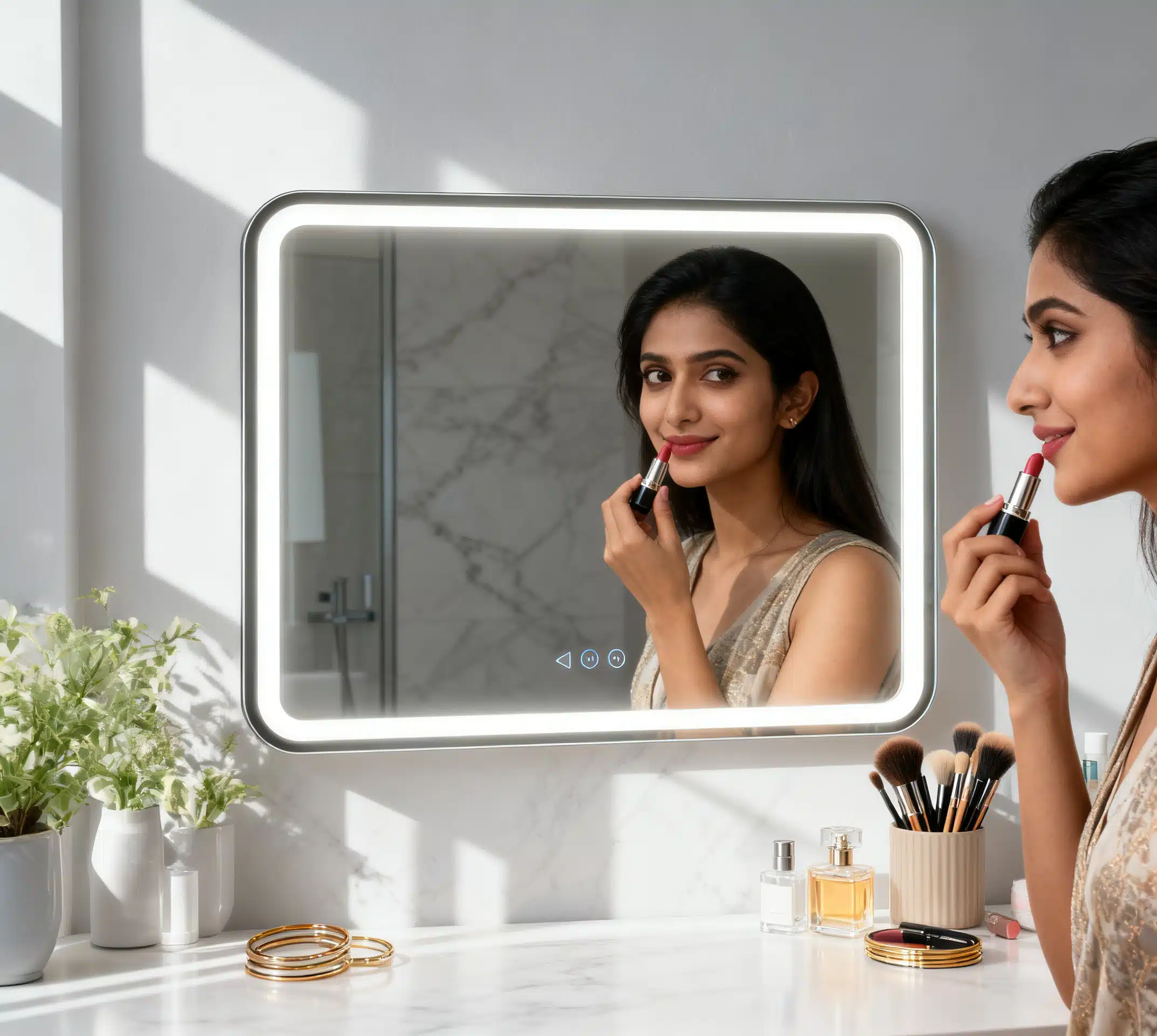 Modern Rectangular LED Mirror – Black Stainless Steel Frame with Shelving