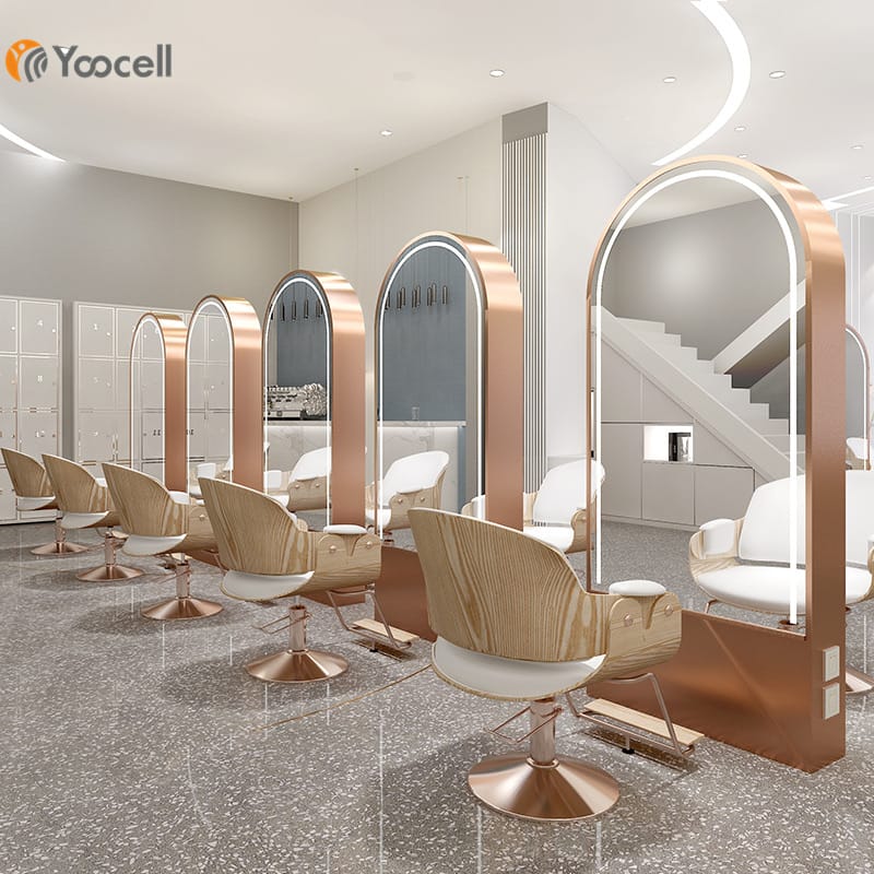Arched LED Salon Mirror with Power Outlets – Silver Stainless Steel
