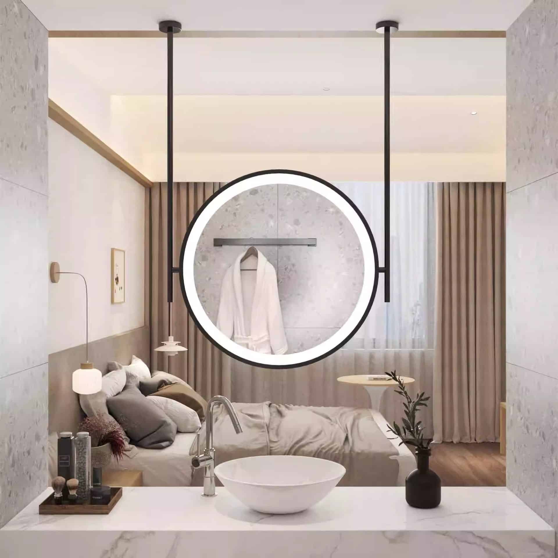 Modern LED Illuminated Round Bathroom Mirror | Hanging Design
