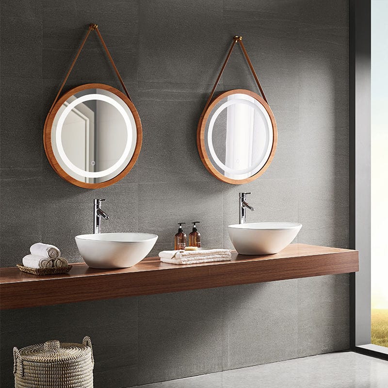 Round Wooden Framed Hanging Mirror – Solid Oak Frame with Leather Belt