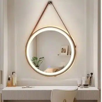 Round Wooden Framed Hanging Mirror – Solid Oak Frame with Leather Belt