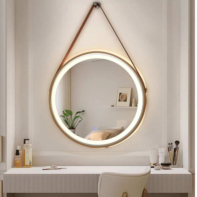 Round Wooden Framed Hanging Mirror – Solid Oak Frame with Leather Belt