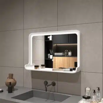 LED Bathroom Mirror with Shelf – Solid Wood Frame, Modern Vanity Mirror