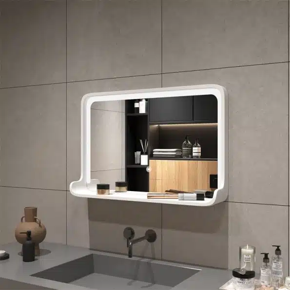 LED Bathroom Mirror with Shelf – Solid Wood Frame, Modern Vanity Mirror