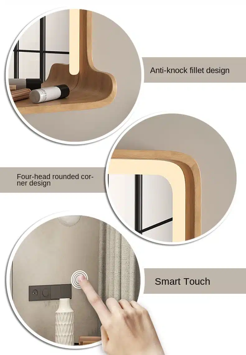 LED Bathroom Mirror with Shelf – Solid Wood Frame, Modern Vanity Mirror