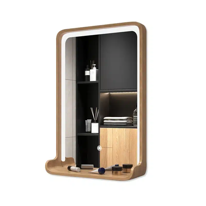 LED Bathroom Mirror with Shelf – Solid Wood Frame, Modern Vanity Mirror